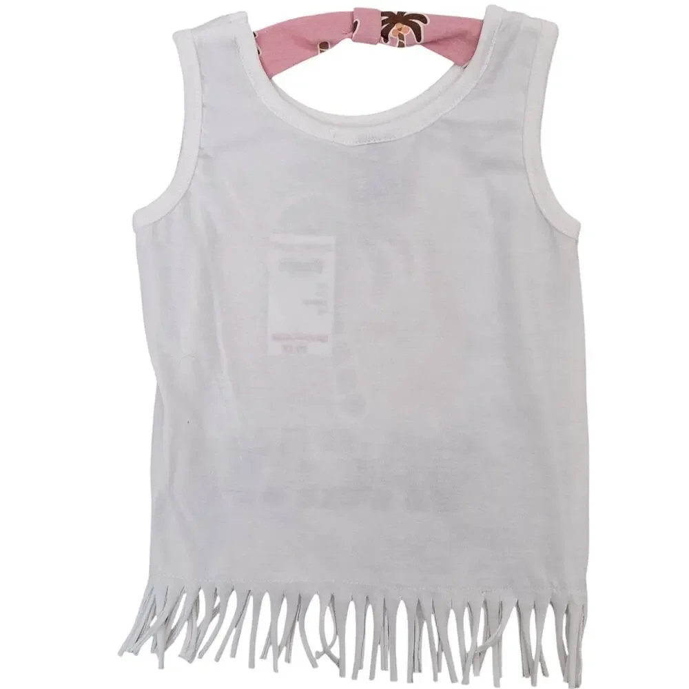 Girl's Pink White Vacay Palm Tree Graphic Fringed Top Shorts Set 2T NWOT